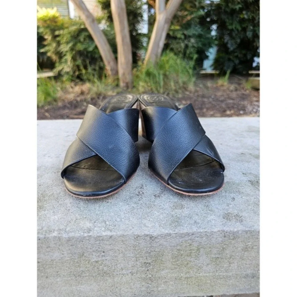Tory Burch Crossover Leather Wedge Sandals Women 7M‎ Black Cork Slide Minimal ~